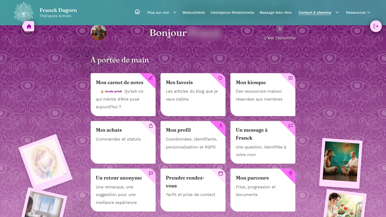 Aperçu d'un espace personnel : parcours, favoris, carnet de notes et documents