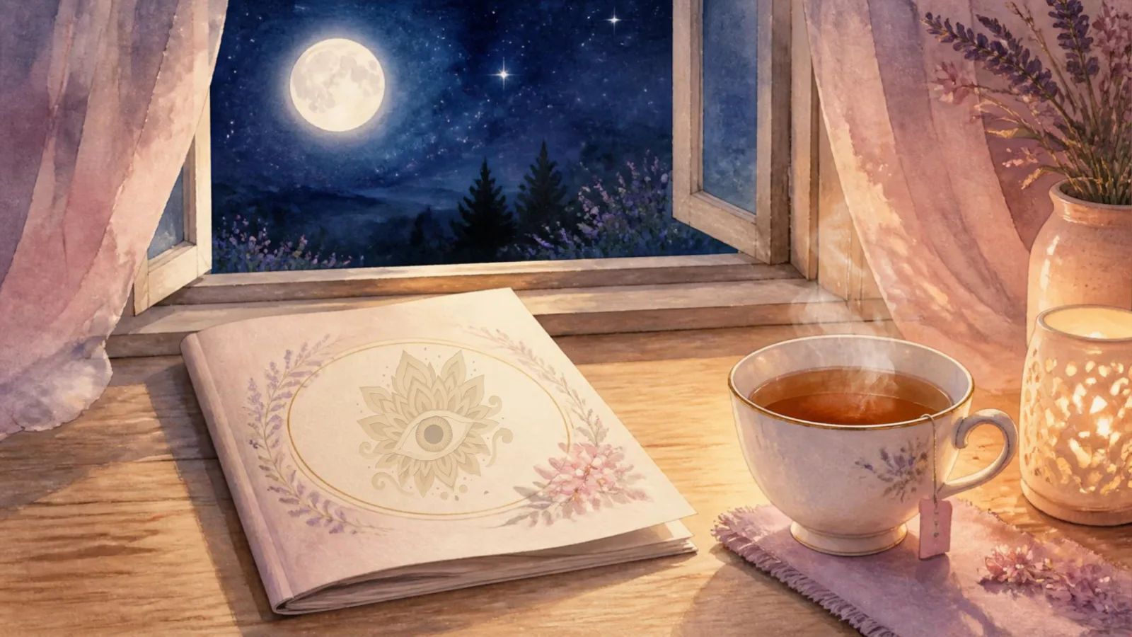 Un fascicule et une infusion posés sur une table en bois face à une fenêtre ouverte sur la lune, ambiance rassurante — le livret d'accompagnement de Franck Dagorn, praticien en maïeusthésie à Montpellier